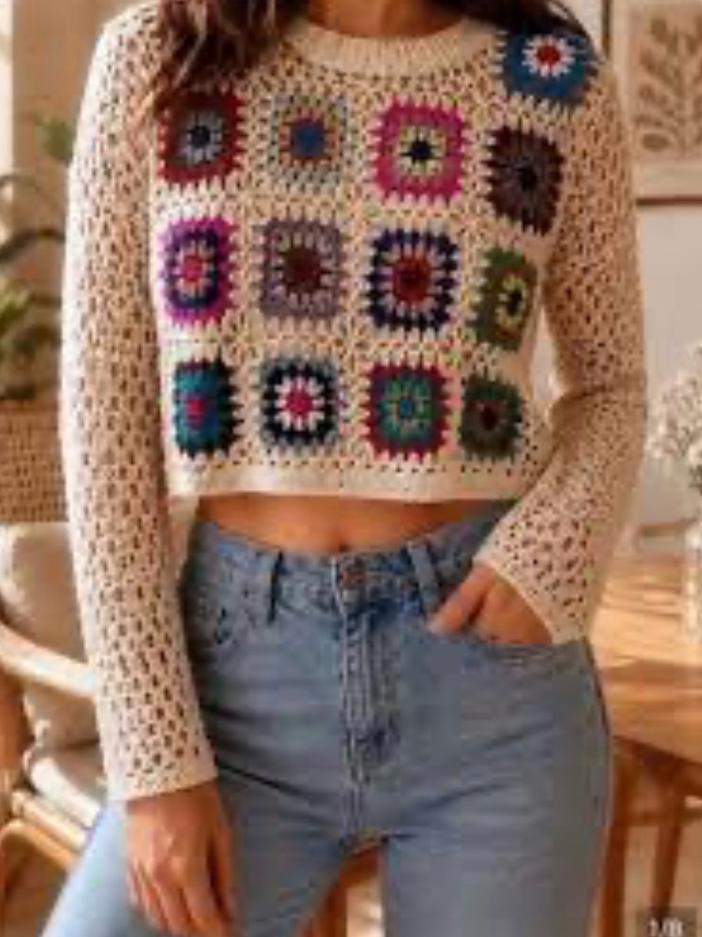 Luna Ivy Colorful Granny Square Crochet Knit Top